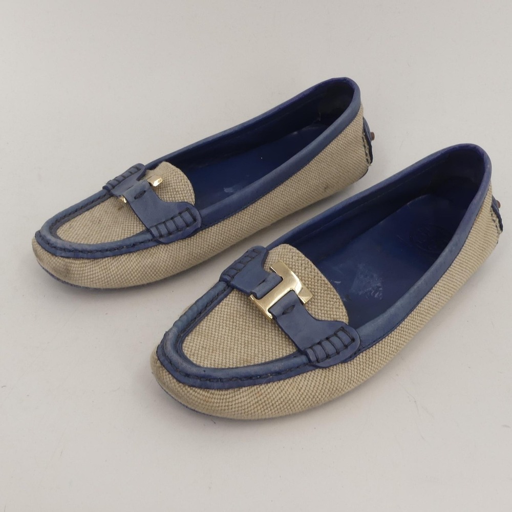 Tory Burch Casey Canvas Driving Loafers Canvas Slip On Blue Beige Women's 8M‎